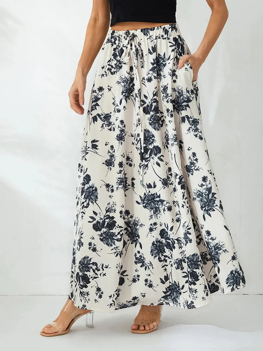 LVSANW Women s Summer Long Skirts Elegant High Waist Boho Floral A Line Skirt Casual Beach Holiday Swing Skirts with Pockets
