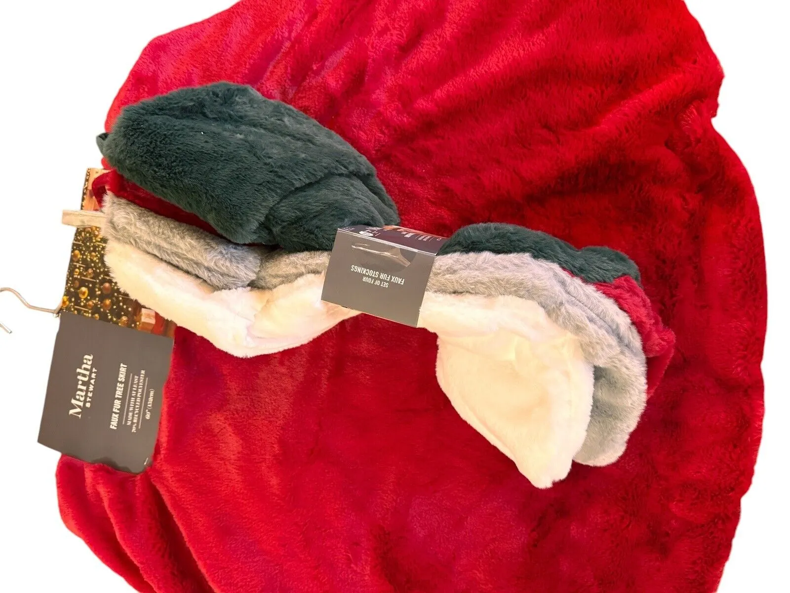 Martha Stewart Red Faux Fur Christmas Tree Skirt and Stocking Set