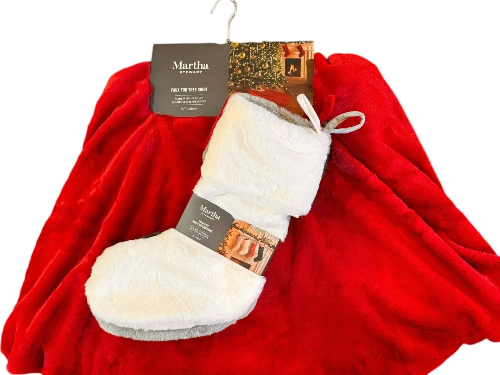 Martha Stewart Red Faux Fur Christmas Tree Skirt and Stocking Set