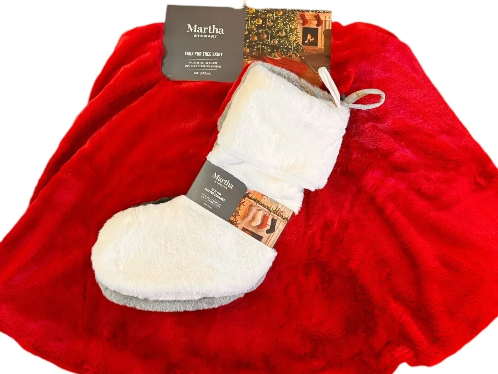 Martha Stewart Red Faux Fur Christmas Tree Skirt and Stocking Set