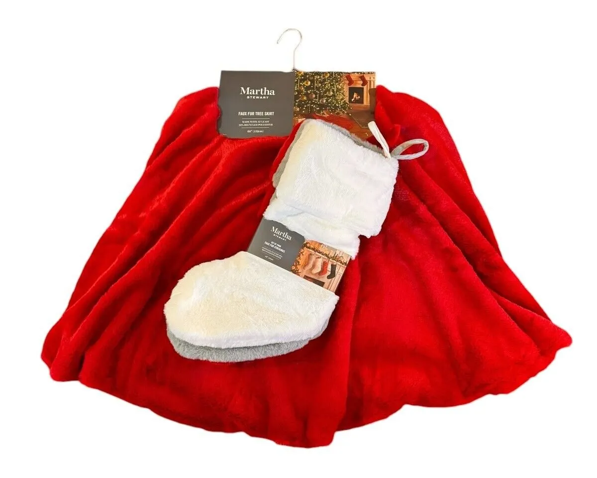 Martha Stewart Red Faux Fur Christmas Tree Skirt and Stocking Set