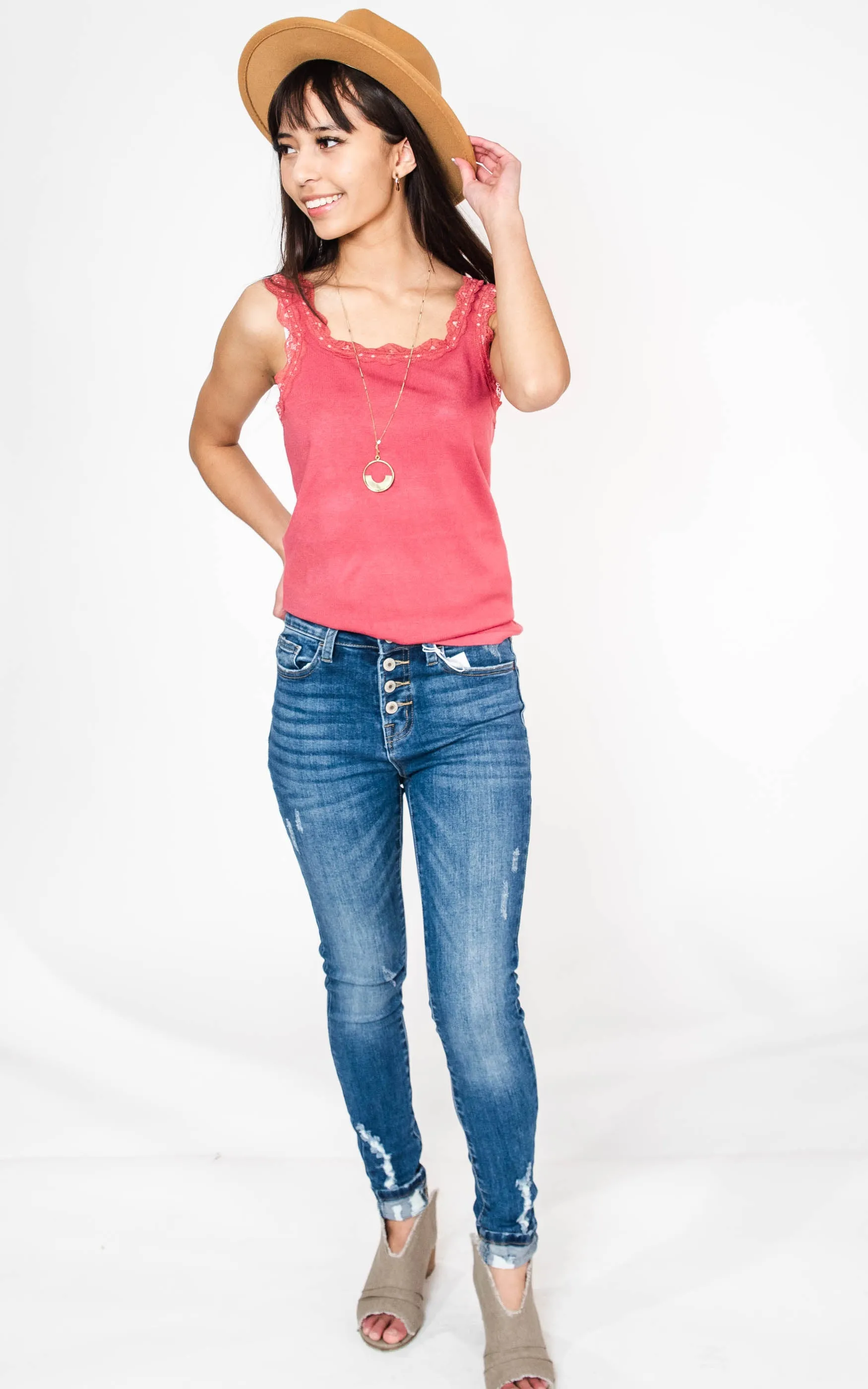 Med Wash Button Fly High Rise Skinny Jeans - Vervet
