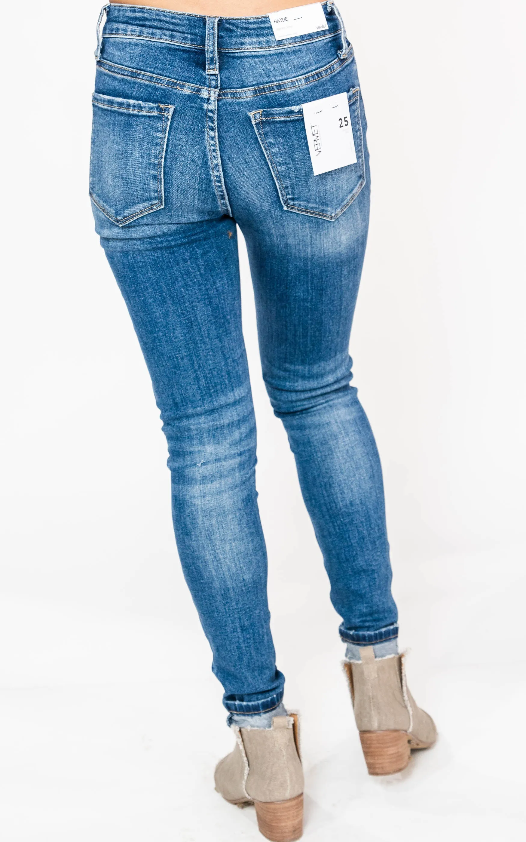 Med Wash Button Fly High Rise Skinny Jeans - Vervet