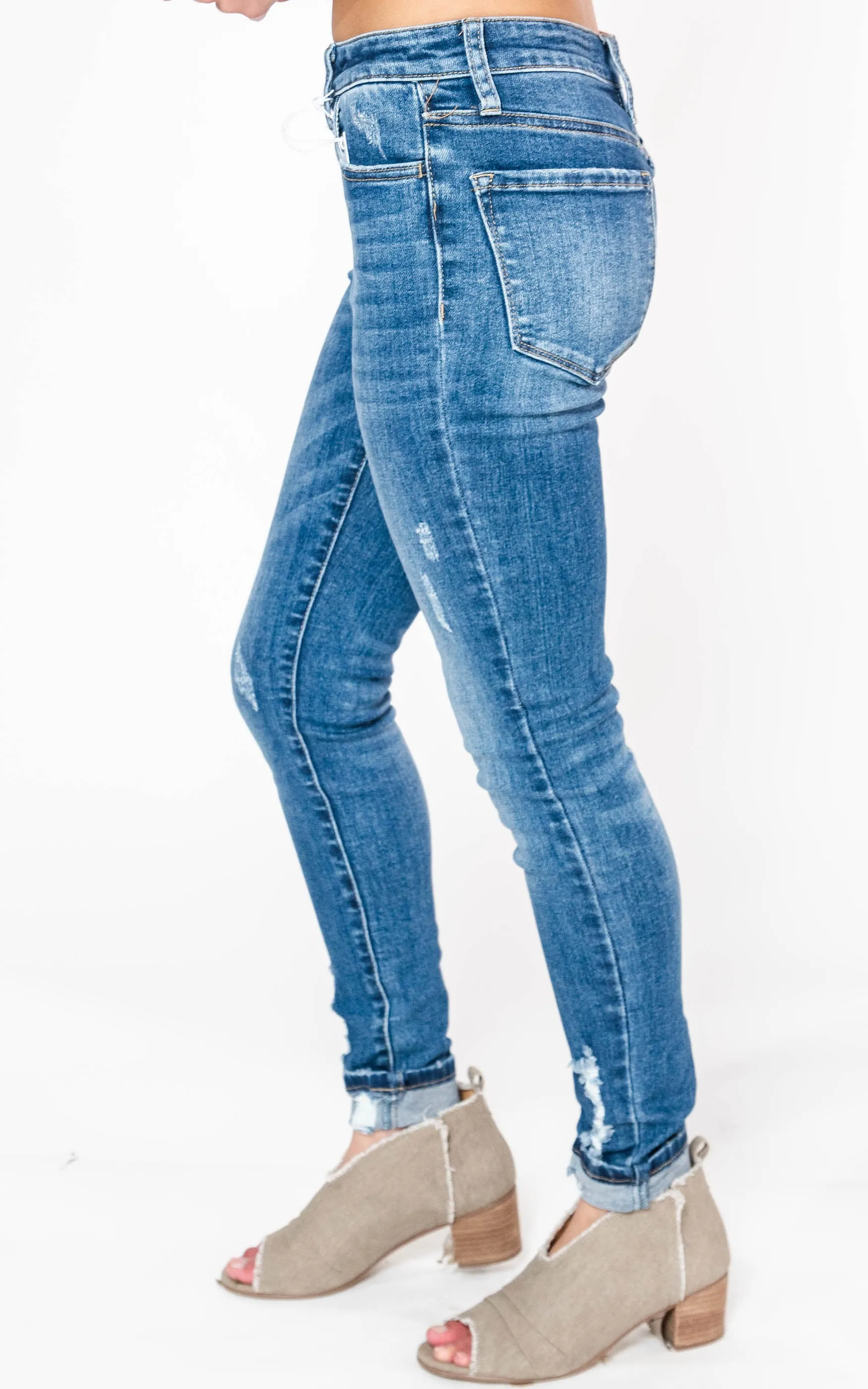 Med Wash Button Fly High Rise Skinny Jeans - Vervet