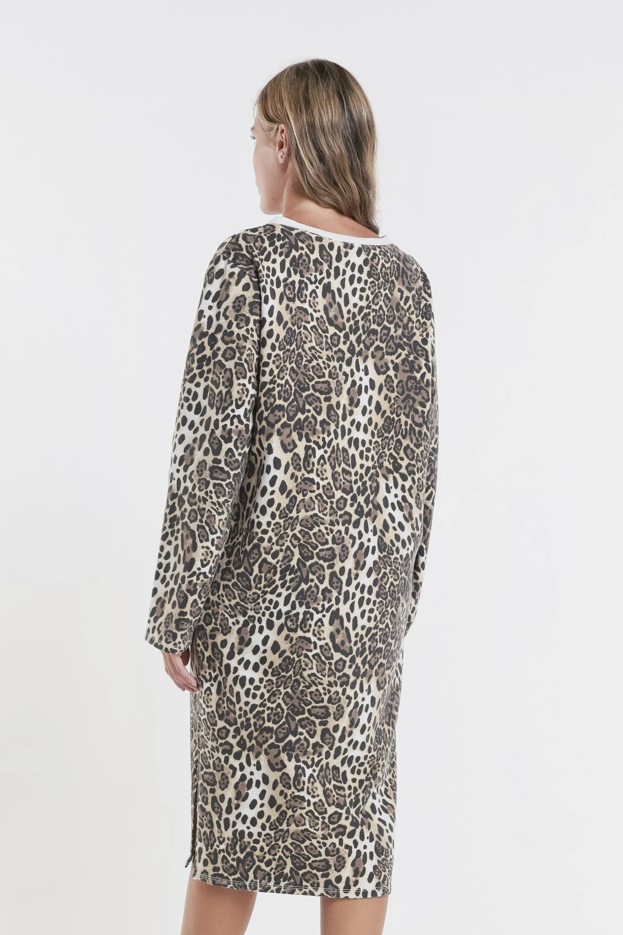 Melinda Leopard French Terry Long Sleeve Side Slit Dress (DL101)
