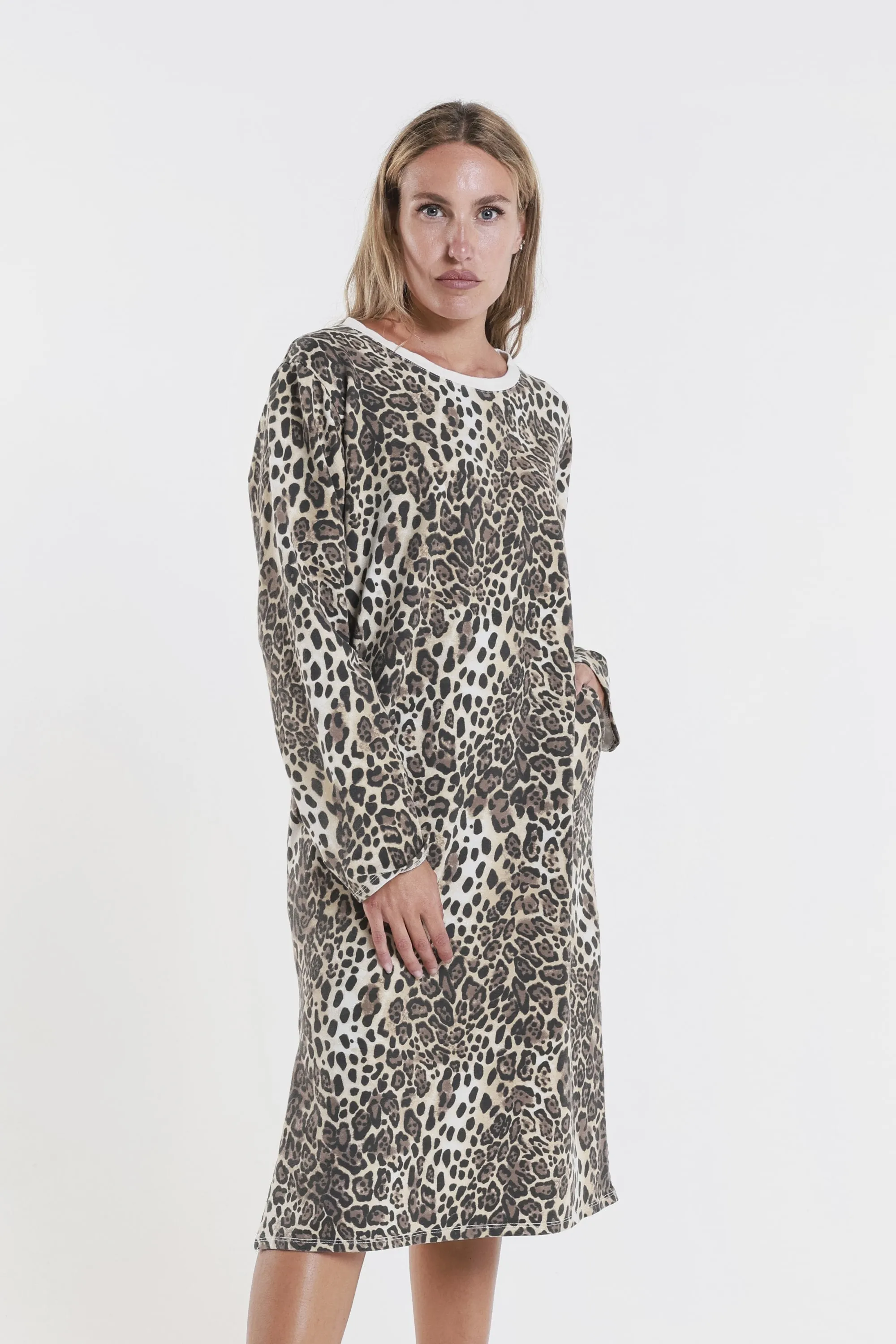 Melinda Leopard French Terry Long Sleeve Side Slit Dress (DL101)