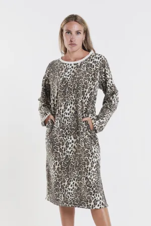 Melinda Leopard French Terry Long Sleeve Side Slit Dress (DL101)