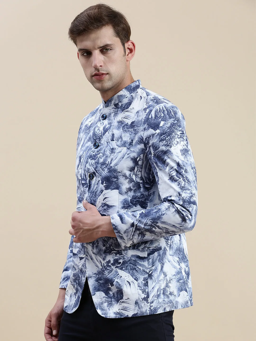 Men Blue Printed Bandhgala Blazers