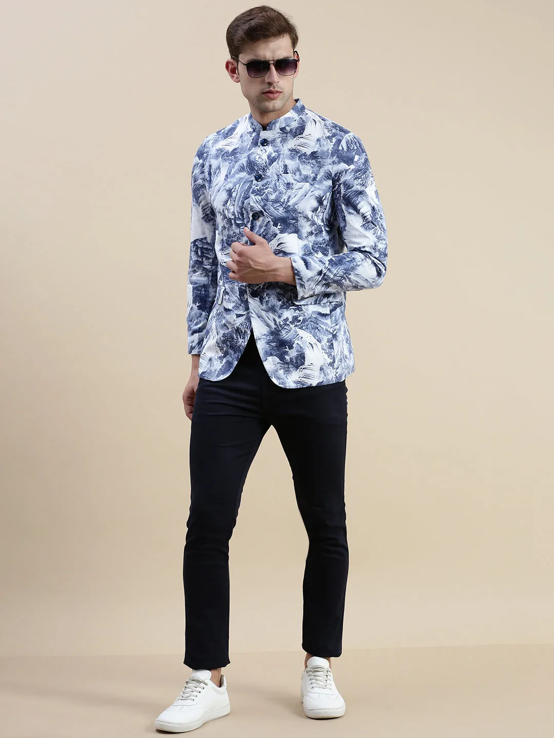 Men Blue Printed Bandhgala Blazers