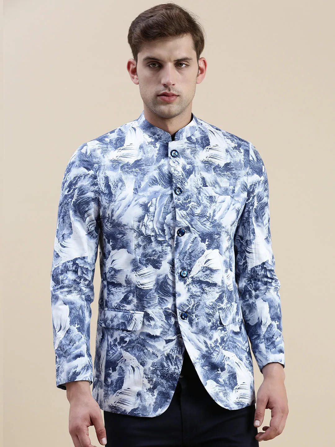 Men Blue Printed Bandhgala Blazers