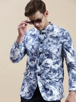 Men Blue Printed Bandhgala Blazers
