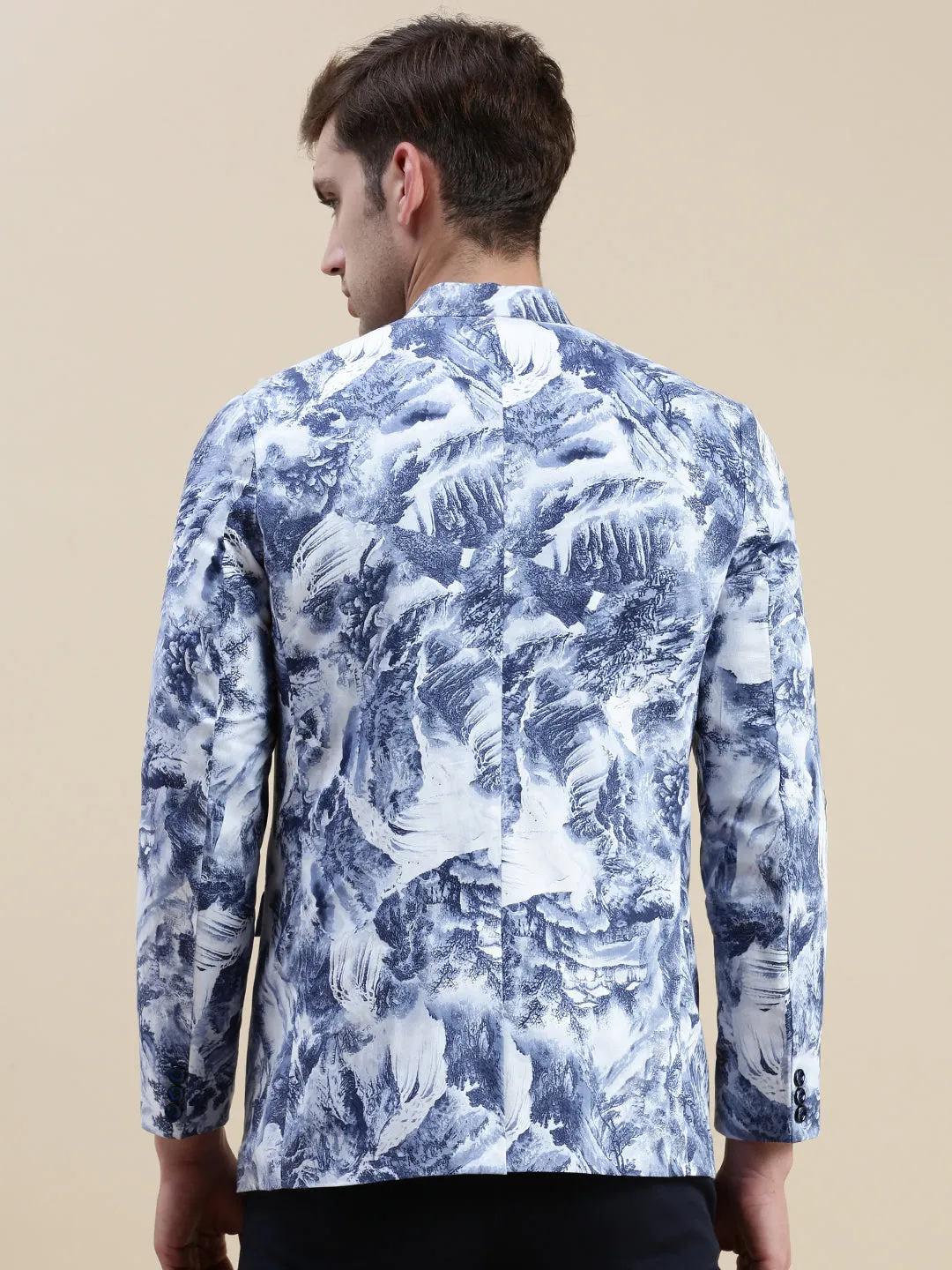 Men Blue Printed Bandhgala Blazers