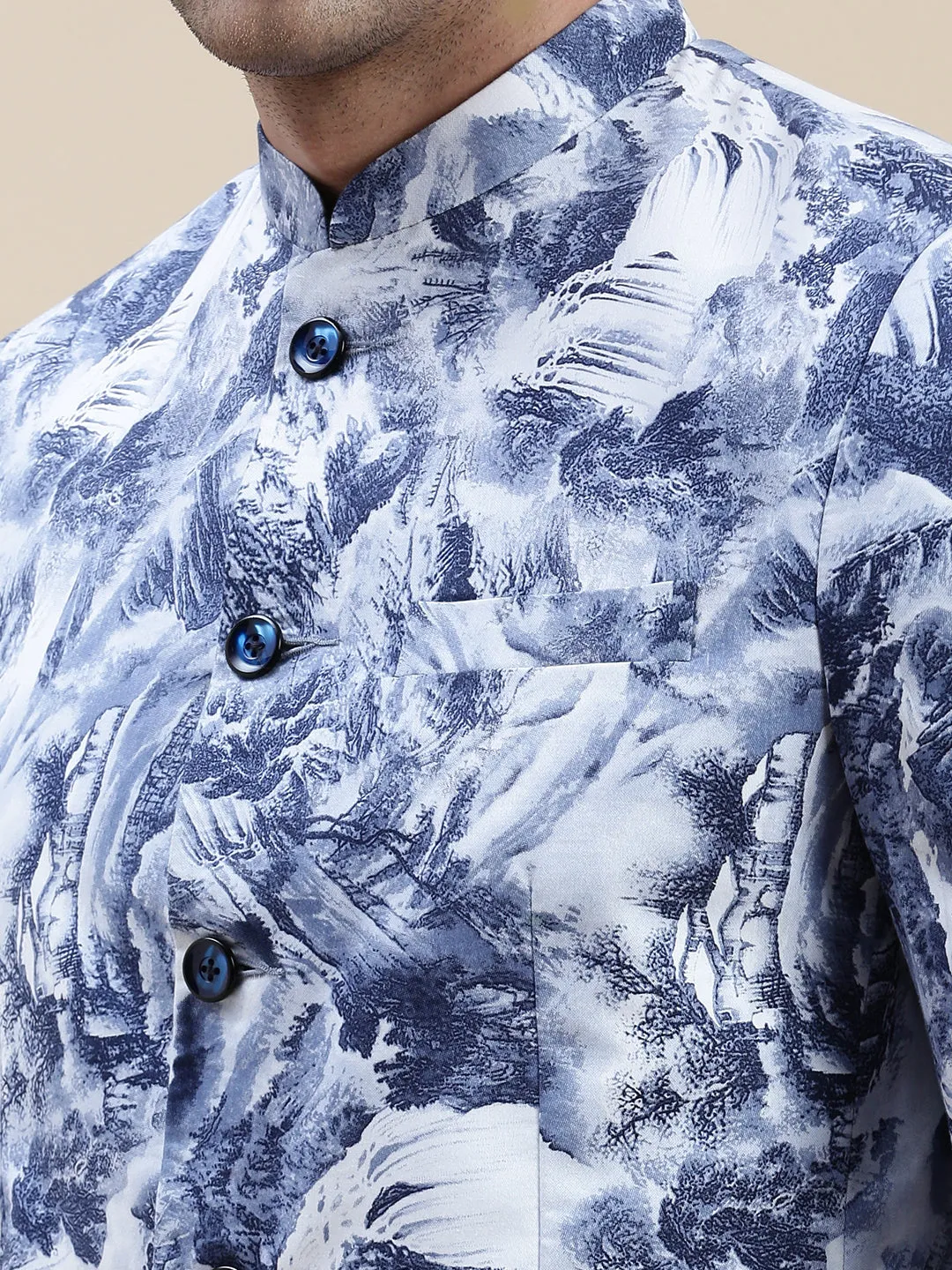 Men Blue Printed Bandhgala Blazers