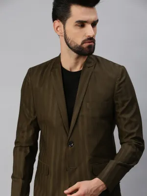 Men Brown Striped Single Breasted Blazer