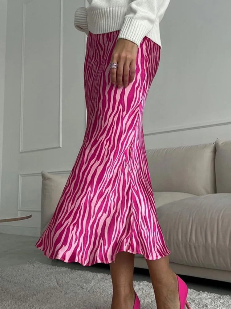 Midi Satin Printed High Waist Office Pencil Slim Skirt