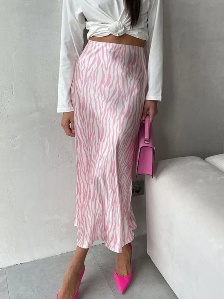 Midi Satin Printed High Waist Office Pencil Slim Skirt