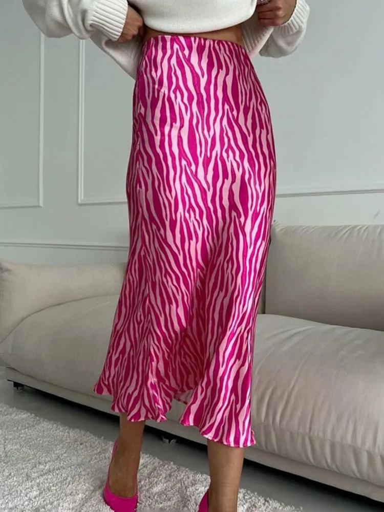 Midi Satin Printed High Waist Office Pencil Slim Skirt