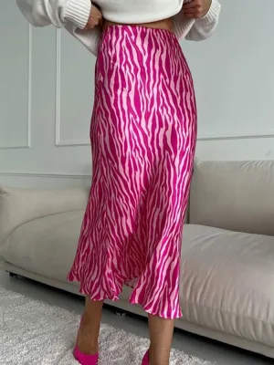 Midi Satin Printed High Waist Office Pencil Slim Skirt