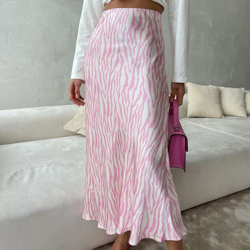Midi Satin Printed High Waist Office Pencil Slim Skirt