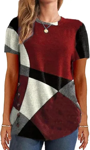 NEW DOACT Women's Printed Short Sleeve Top, Loose Elegant Fit Color Blocking Machine Washable Women's Crew Neck Soft Top, Red, Sz XXL