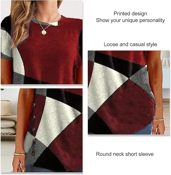 NEW DOACT Women's Printed Short Sleeve Top, Loose Elegant Fit Color Blocking Machine Washable Women's Crew Neck Soft Top, Red, Sz XXL