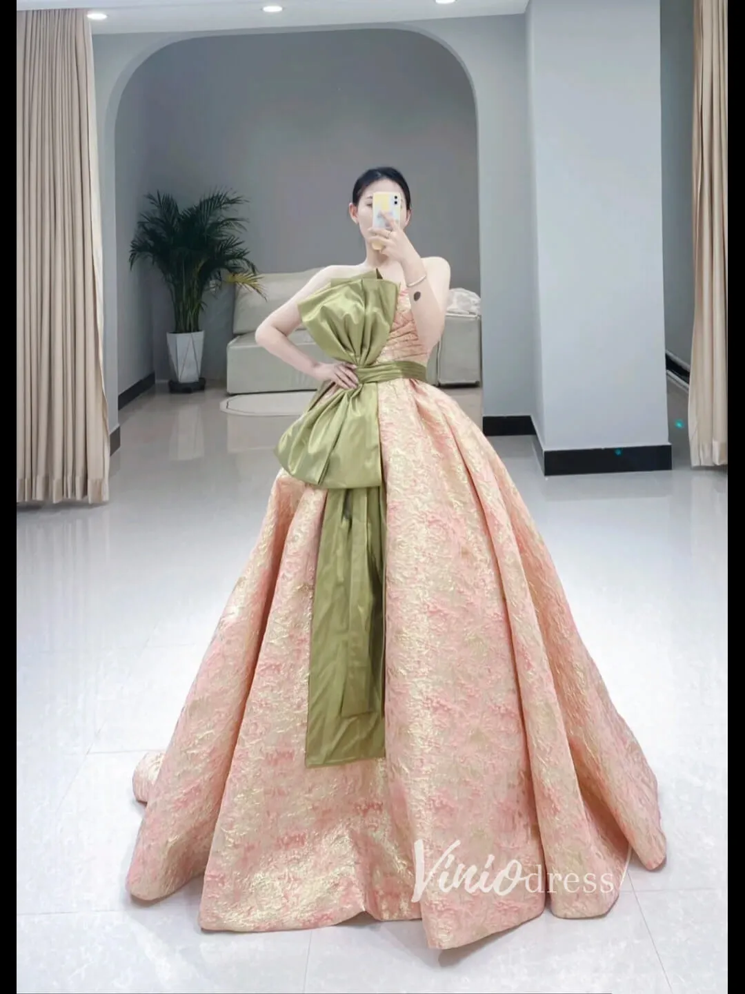 Peach Jacquard Satin Prom Dresses Strapless Bow-Tie Quinceanera Dress FD3442