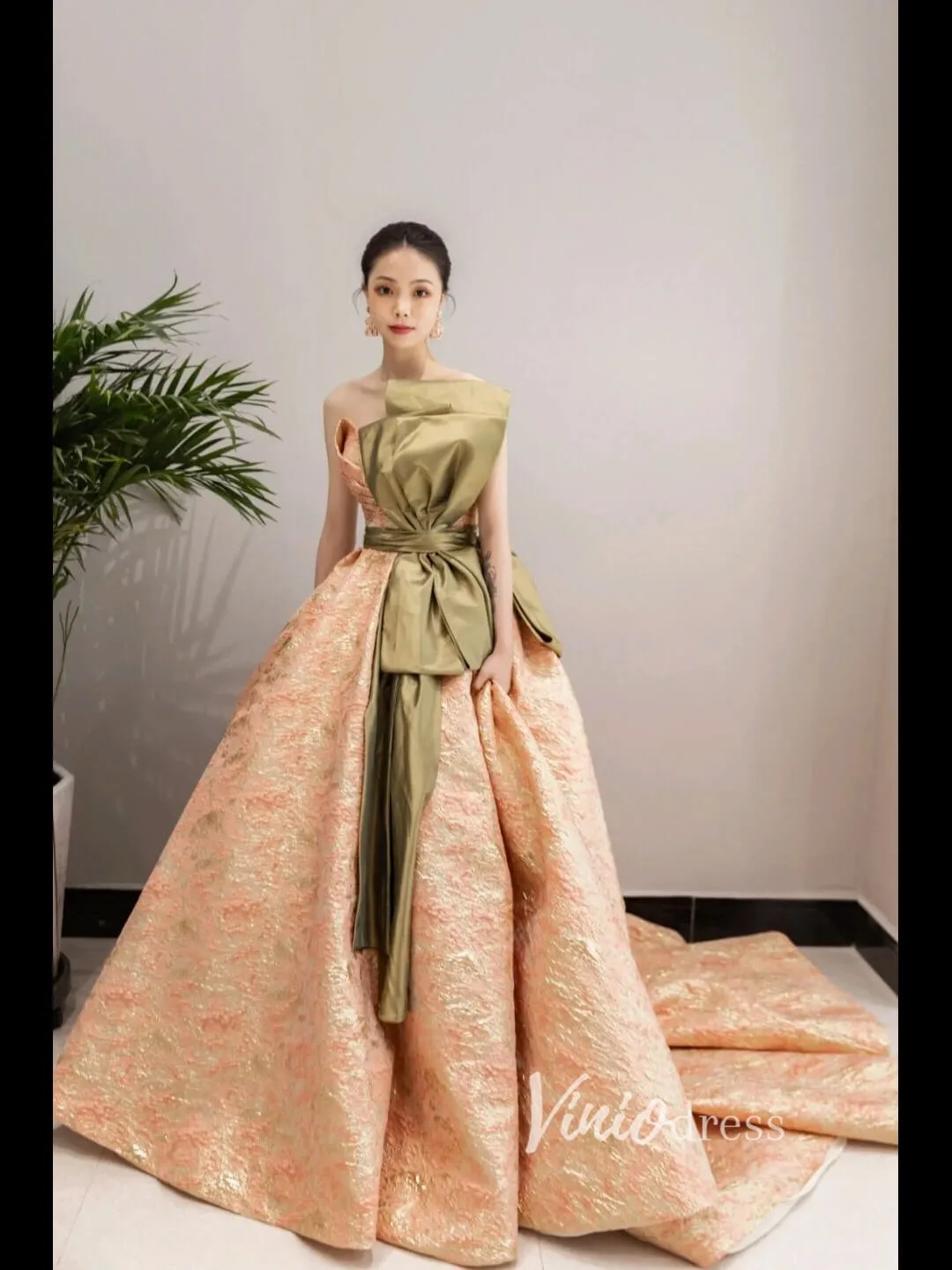 Peach Jacquard Satin Prom Dresses Strapless Bow-Tie Quinceanera Dress FD3442