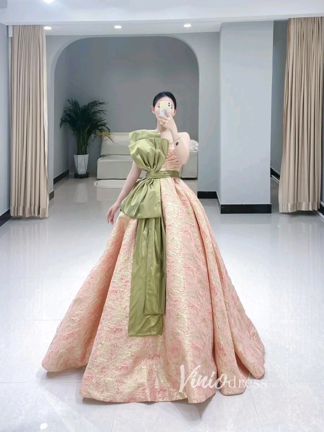 Peach Jacquard Satin Prom Dresses Strapless Bow-Tie Quinceanera Dress FD3442