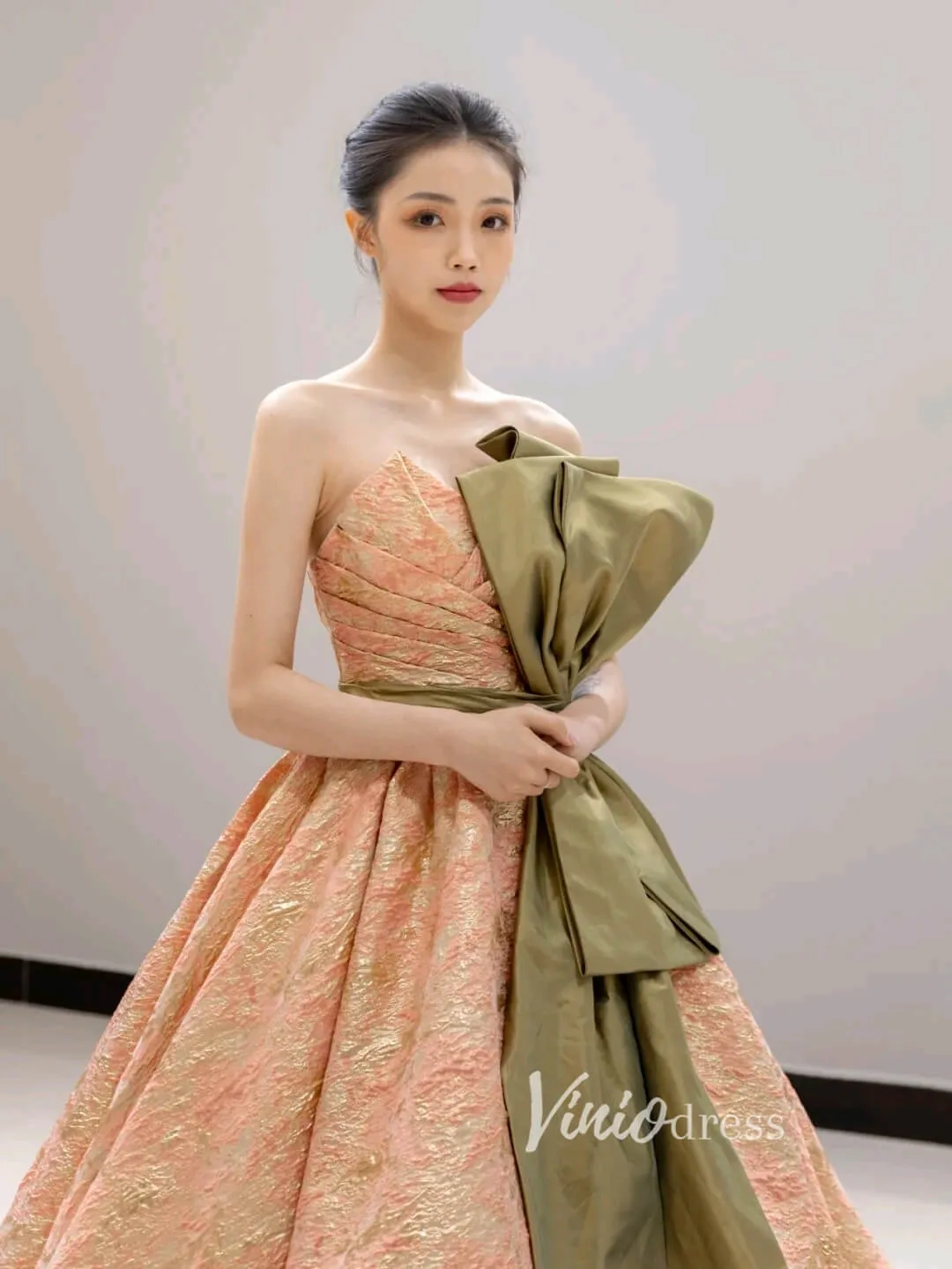 Peach Jacquard Satin Prom Dresses Strapless Bow-Tie Quinceanera Dress FD3442