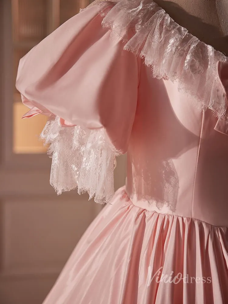 Pink Satin Lace Prom Dresses Puffed Sleeve Bow-Tie Quinceanera Dress 90058