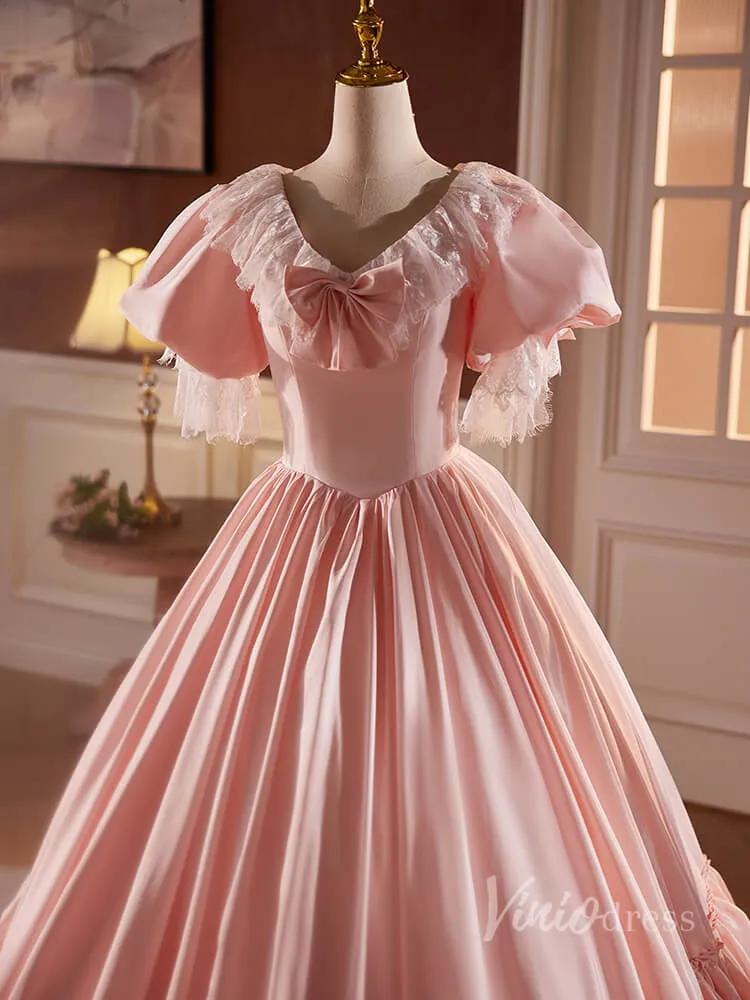 Pink Satin Lace Prom Dresses Puffed Sleeve Bow-Tie Quinceanera Dress 90058