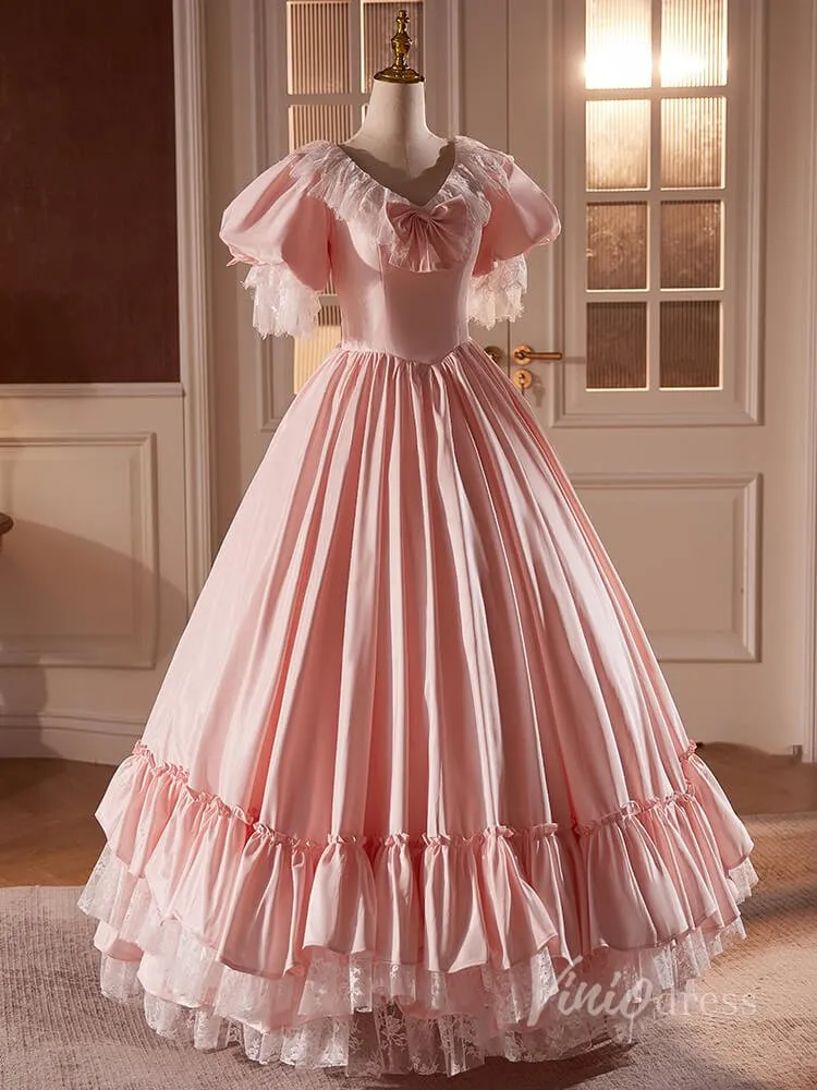 Pink Satin Lace Prom Dresses Puffed Sleeve Bow-Tie Quinceanera Dress 90058