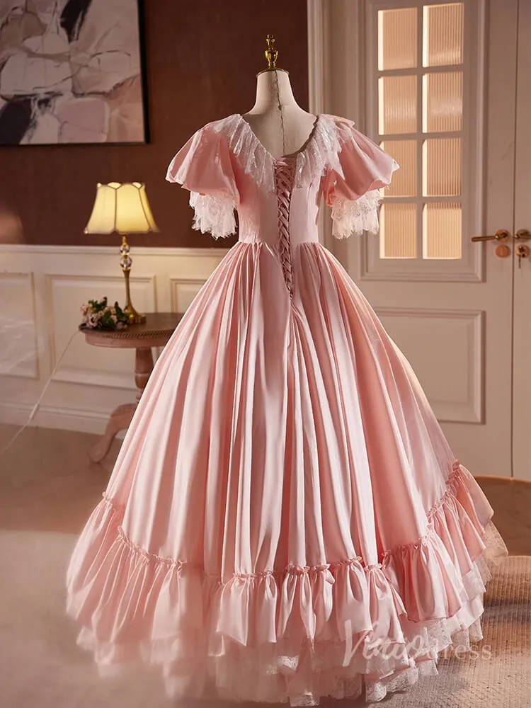 Pink Satin Lace Prom Dresses Puffed Sleeve Bow-Tie Quinceanera Dress 90058