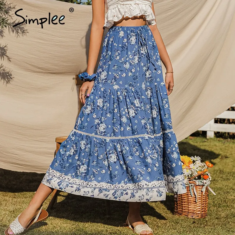 Simplee Ruffled vintage skirts ladies Causel elegant floral skirt