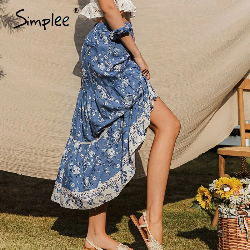 Simplee Ruffled vintage skirts ladies Causel elegant floral skirt