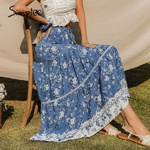 Simplee Ruffled vintage skirts ladies Causel elegant floral skirt