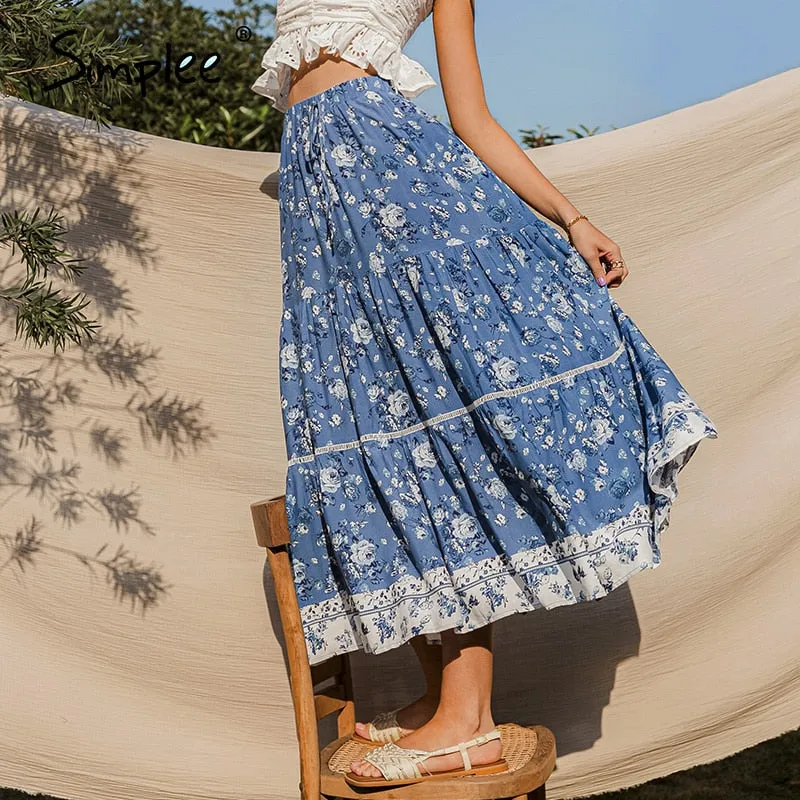Simplee Ruffled vintage skirts ladies Causel elegant floral skirt