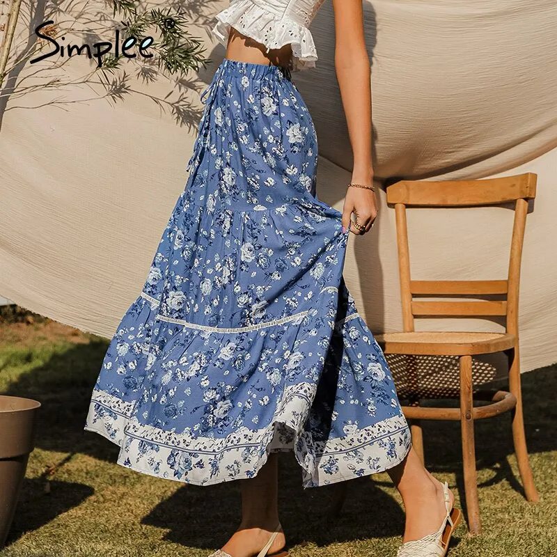 Simplee Ruffled vintage skirts ladies Causel elegant floral skirt