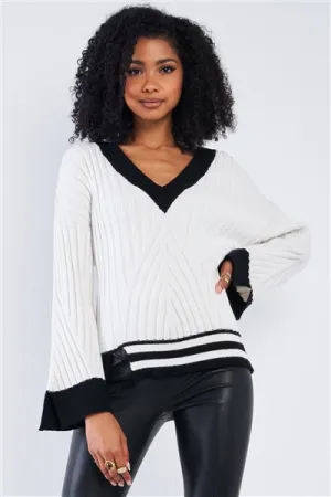Snow White Thick Plush Knit Black Block Stripped Sweaters