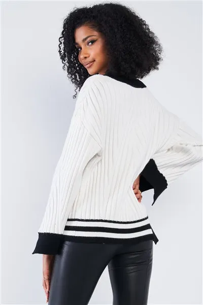 Snow White Thick Plush Knit Black Block Stripped Sweaters