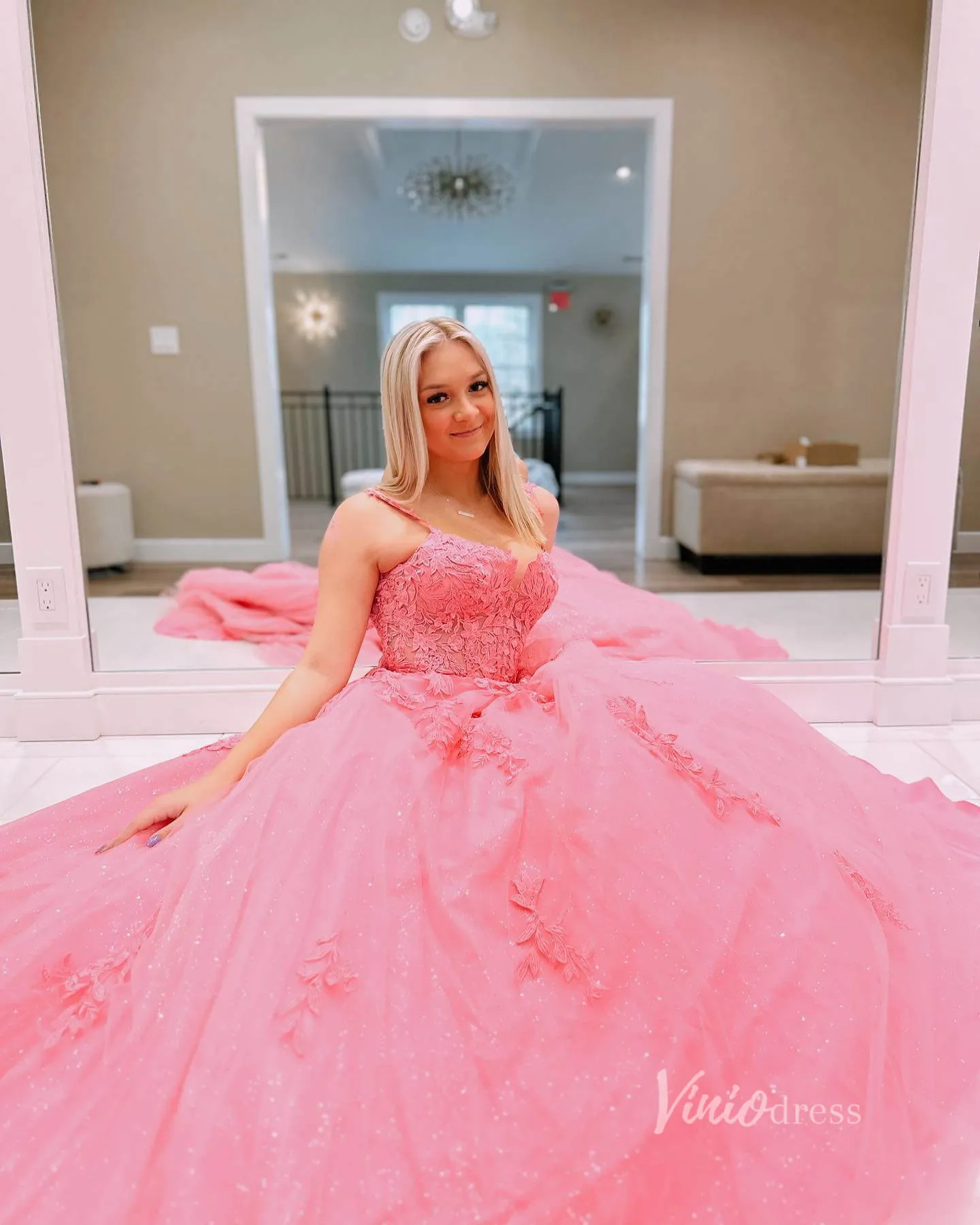 Sparkly Pink Spaghetti Strap Lace Prom Dresses Lace-up Back FD1348P