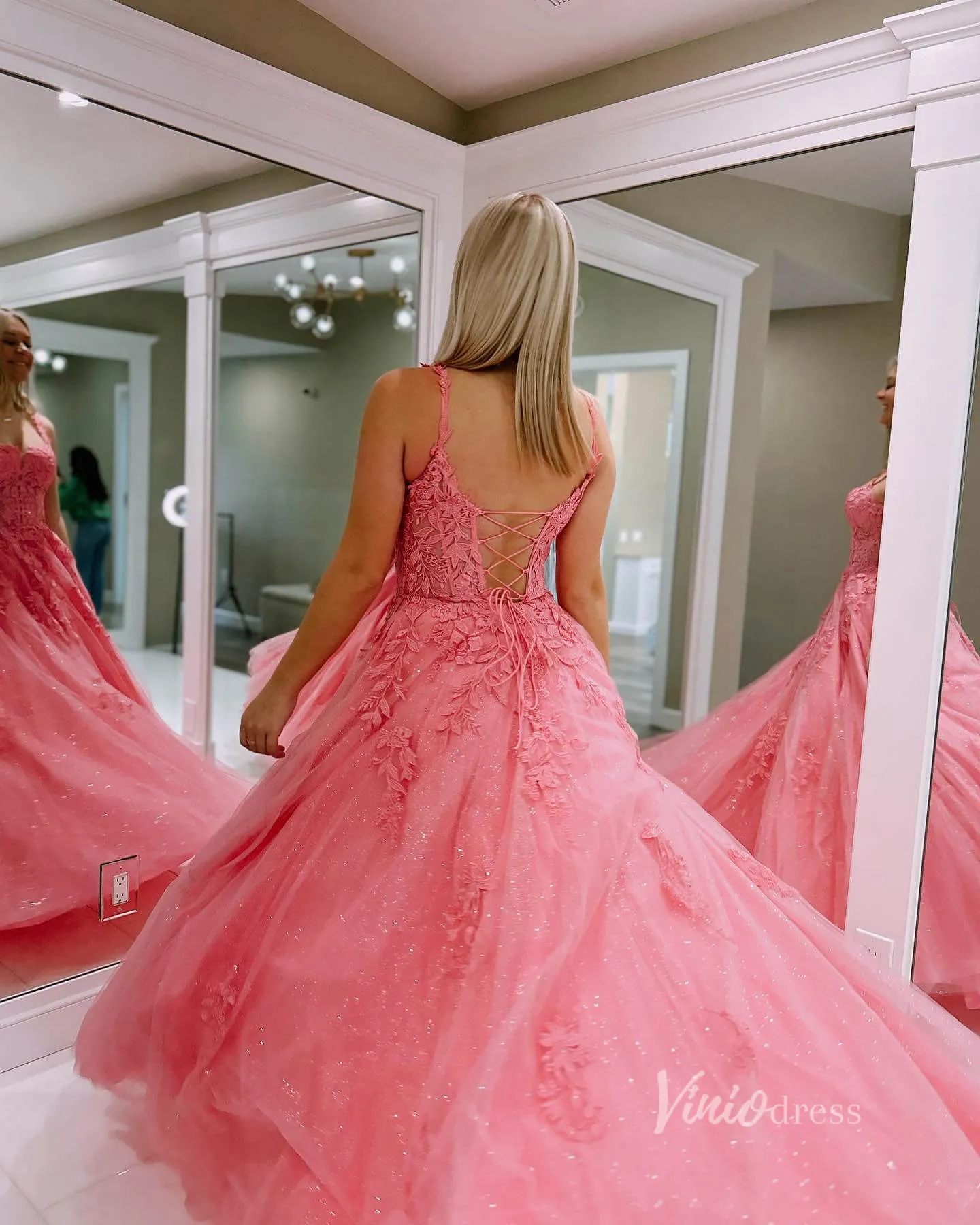 Sparkly Pink Spaghetti Strap Lace Prom Dresses Lace-up Back FD1348P