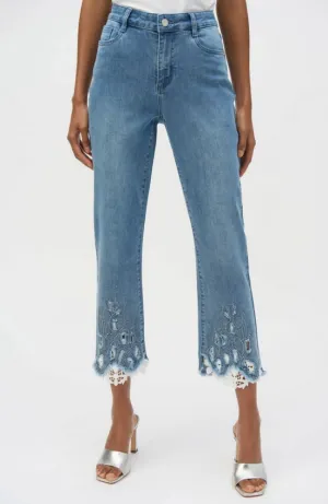 Stretch Straight Crop Jeans with Embroidery