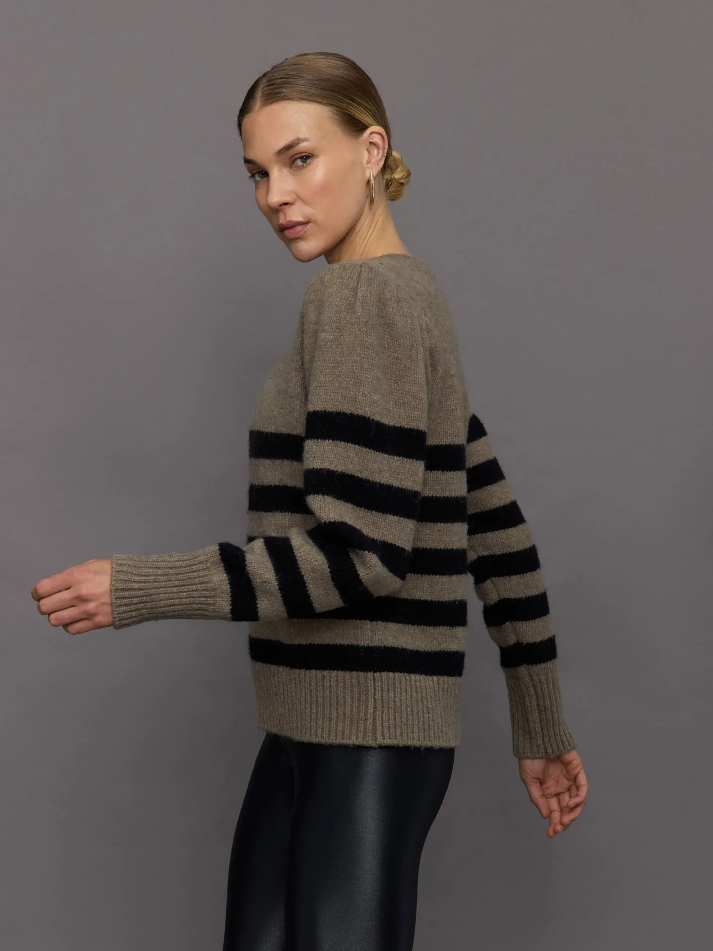 Striped Puff Sleeve Sweater - Stone/ Black