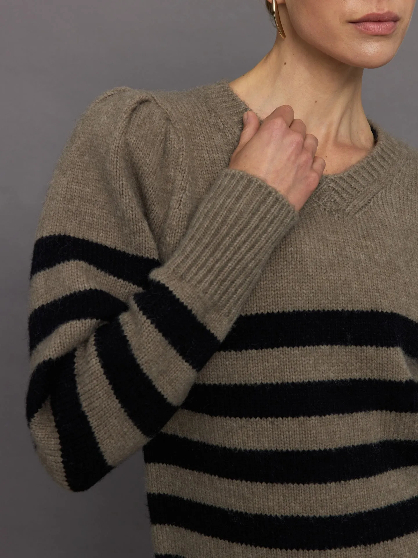 Striped Puff Sleeve Sweater - Stone/ Black