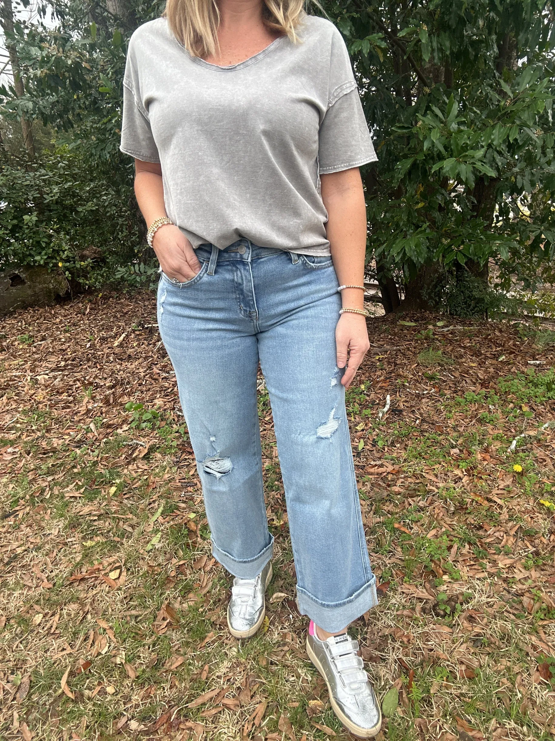 The Triple Up Mid Rise Ankle Cuffed Wide Leg Jeans