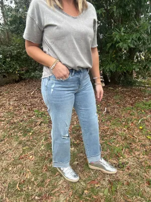 The Triple Up Mid Rise Ankle Cuffed Wide Leg Jeans