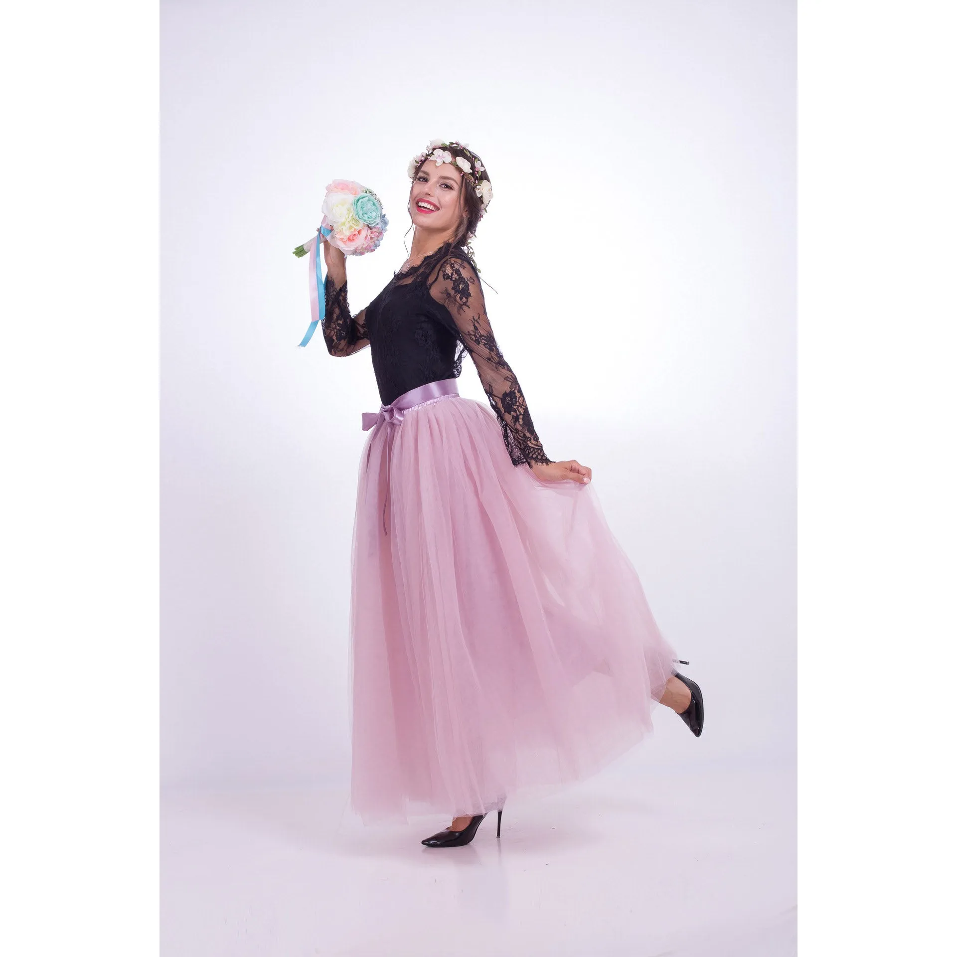 Tulle High Waist Pure Color Loose Swing Long Prom Party Skirt