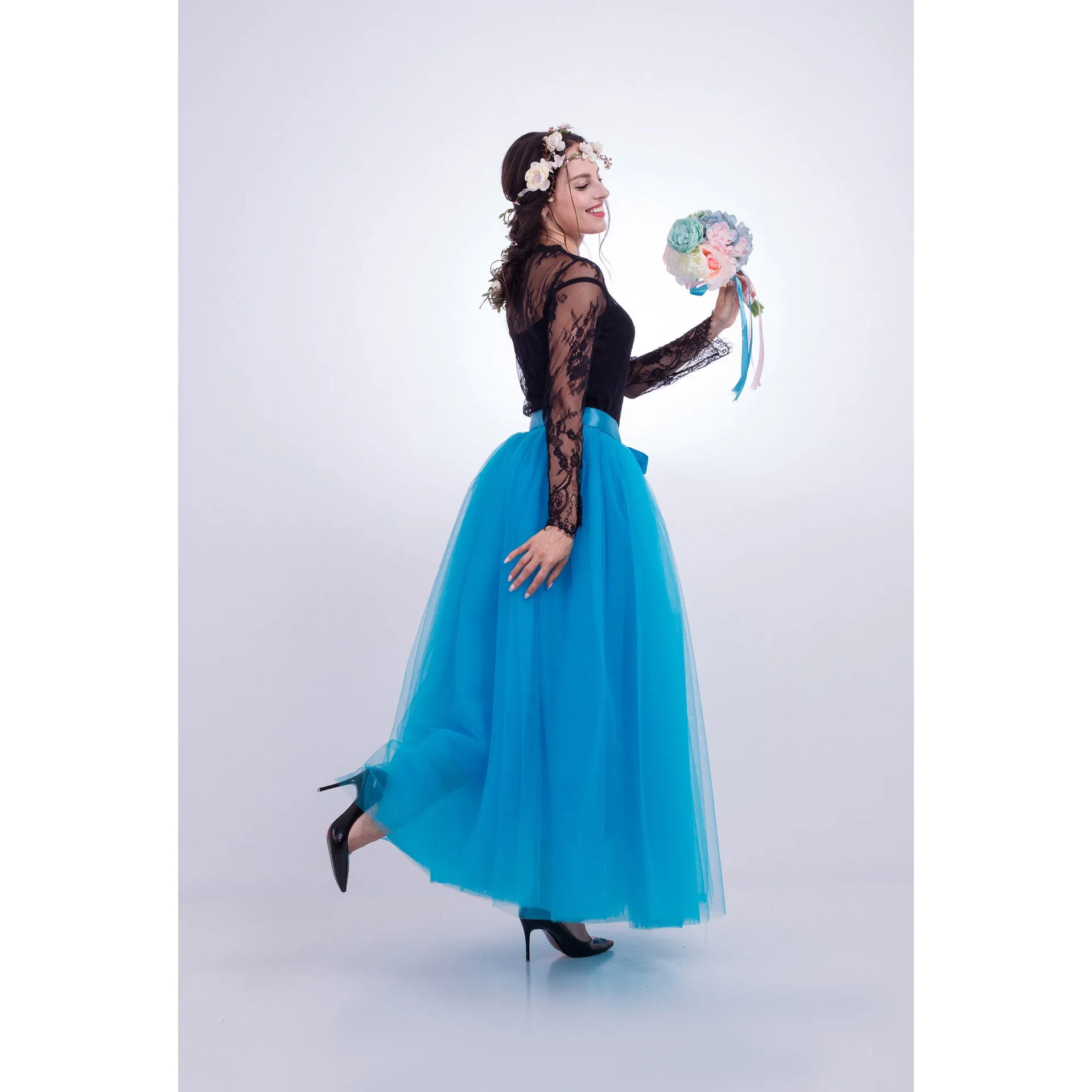 Tulle High Waist Pure Color Loose Swing Long Prom Party Skirt