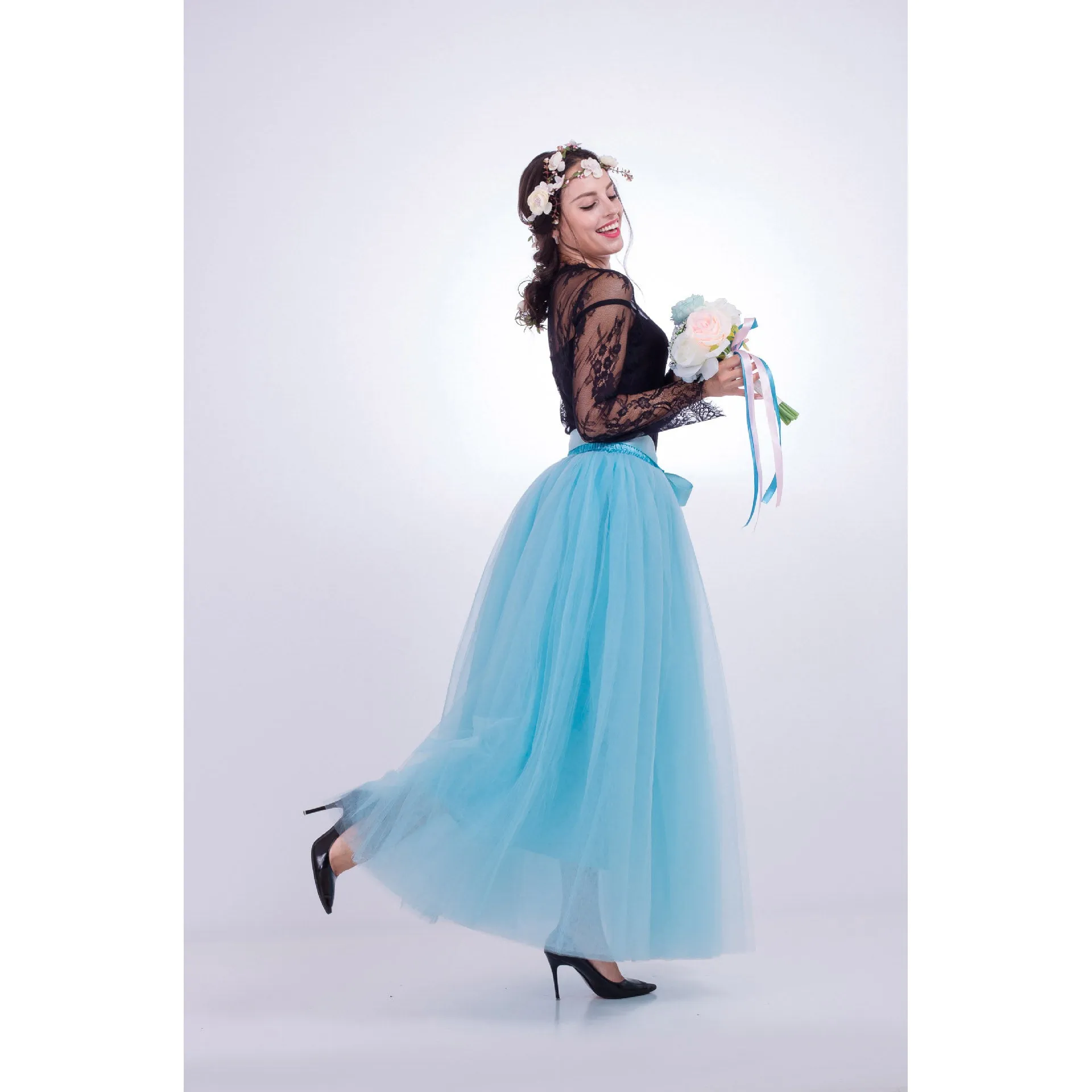 Tulle High Waist Pure Color Loose Swing Long Prom Party Skirt